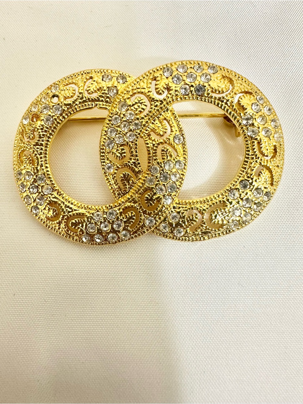 Gold Plated Crystal Double Circle Filigree Brooch